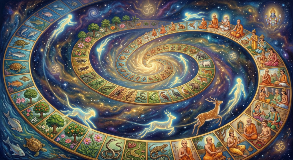 Bhagavad Gita, 84 lakh yonis Vedic cycle of life illustrated as a cosmic spiral showing species from aquatic creatures and plants to animals and human devotees with Om symbols and Vishnu
