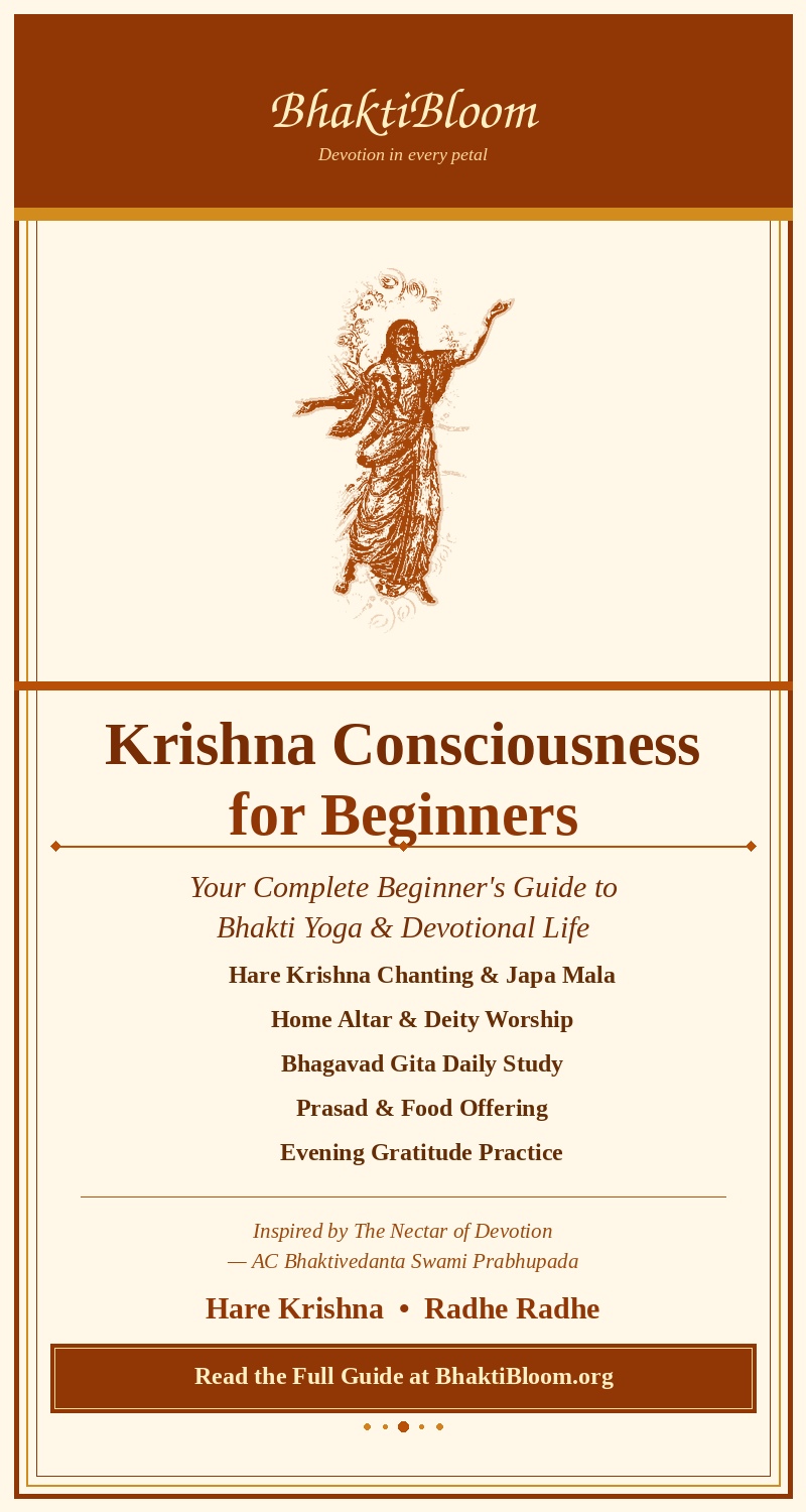 Krishna Consciousness for Beginners — Bhakti Yoga guide featuring Chaitanya Mahaprabhu sketch with 5 devotional steps by BhaktiBloom