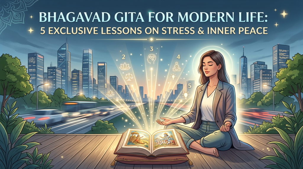 A woman meditates in lotus position beside an open Bhagavad Gita glowing with divine light, with a modern city skyline in the background, representing 5 lessons on stress and inner peace.