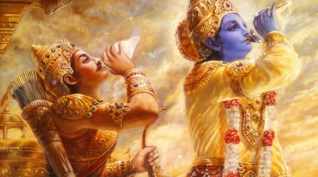 Artistic illustration of Lord Krishna and Arjuna on the battlefield of Kurukshetra, both blowing their divine conch shells (shankhas) before the Mahabharata war. Krishna, depicted with blue skin and adorned in golden armor, a flower garland, and a jeweled crown, stands to the right. Arjuna, wearing ornate golden warrior's armor with a quiver of arrows on his back, is shown to the left