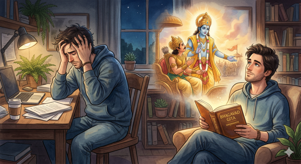 Bhagavad Gita for Anxiety, An illustrative image of Arjuna receiving spiritual counsel from Lord Krishna to overcome anxiety and fear.